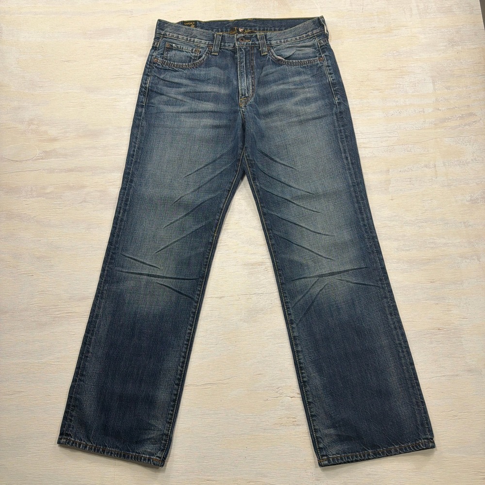 Lucky Brand Jeans Vintage Straight 32 Whiskered Medium Wash Blue Denim Mens